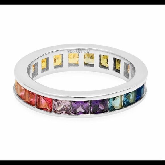 JEN HANSEN STERLING SILVER CUBIC ZIRCONIA RAINBO CHANEL RING MULTICOLOR RAINBOW - Picture 1 of 9